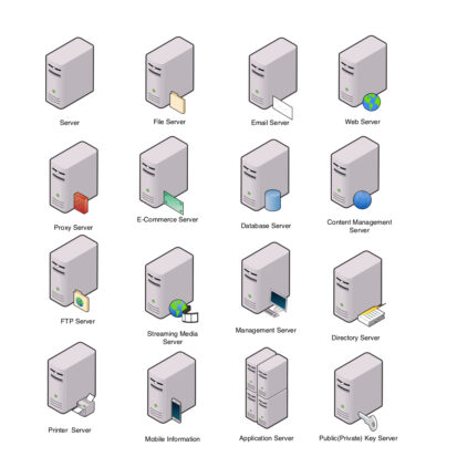 A collection of various kinds of servers illustrated in the style of 1990s computer desktop icons.