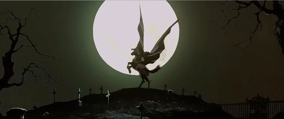 A still from Vampire Hunter D shows the hunter on horseback in front of a full moon, the horse rearing up and the hunter's cape flying outward like bat wings.