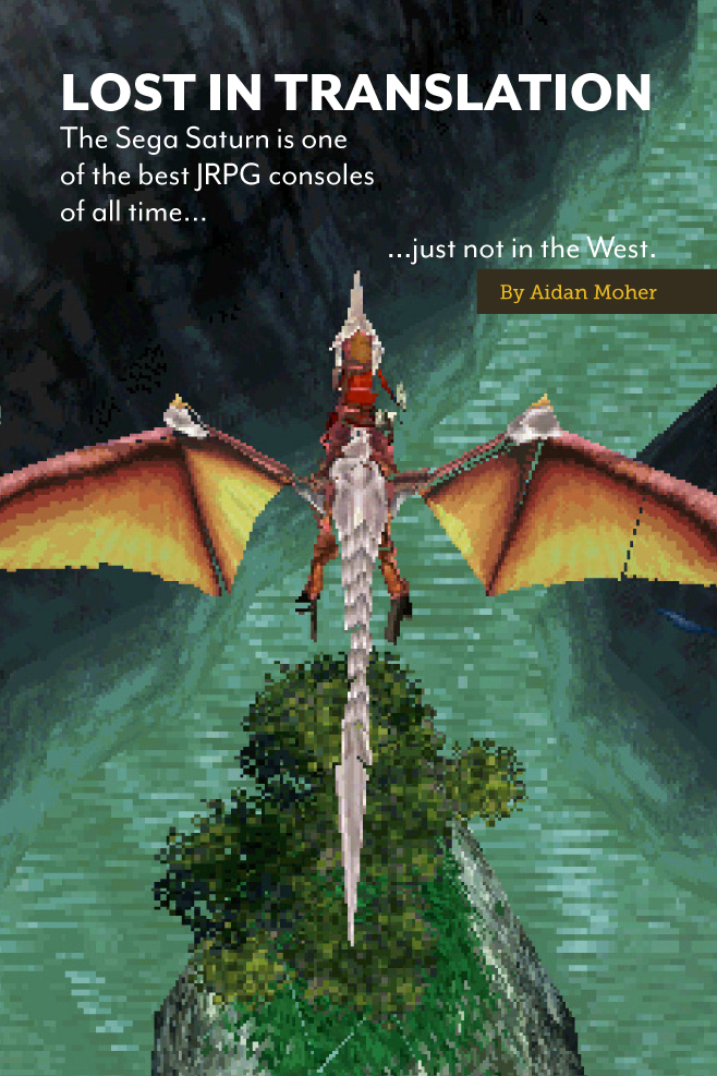 A pixelated rider on dragonback soars above a 32-bit river.