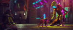 In key art from the videogame Stray, a robotic citizen kneels down to pet a stray cat in a neon-lit city street.