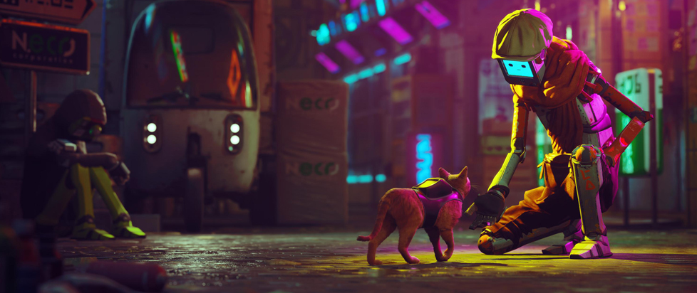 In key art from the videogame Stray, a robotic citizen kneels down to pet a stray cat in a neon-lit city street.