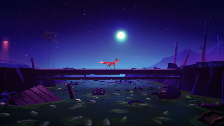 A screenshot from Endling shows a bright red-orange fox crossing over a churning river in a blue-dark night.