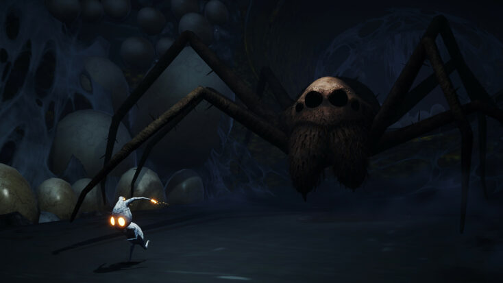 The small protagonist of A Tale of Paper: Refolded attempts to escape a spider, which is gigantic next to their small stature.