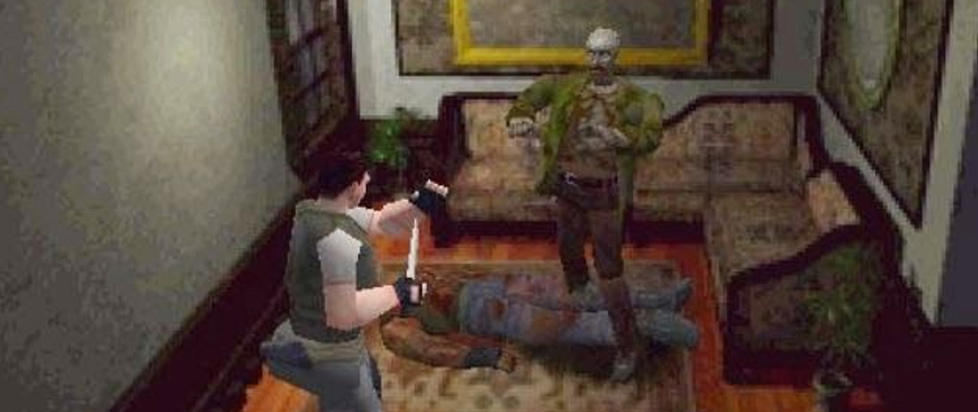 A screenshot from Resident Evil shows the character Jill Valentine ready to grapple with a zombie in the well-appointed sitting room of an old mansion.