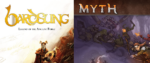 The covers for Bardsung and Myth placed next to each other. Bardsung has a cloaked character with horns, or maybe a jester hat, grinning and holding a lute. Myth has an elfin warrior with a bow standing against a horde of point-eared orcs while magical fire flies in the background
