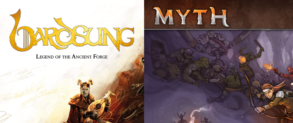 The covers for Bardsung and Myth placed next to each other. Bardsung has a cloaked character with horns, or maybe a jester hat, grinning and holding a lute. Myth has an elfin warrior with a bow standing against a horde of point-eared orcs while magical fire flies in the background