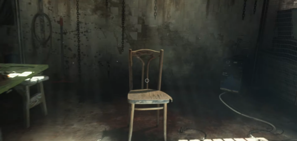 Another screenshot from the torture scene in Modern Warfare, featuring a dark room barely lit with a generator in one corner and a lone wooden chair in the center
