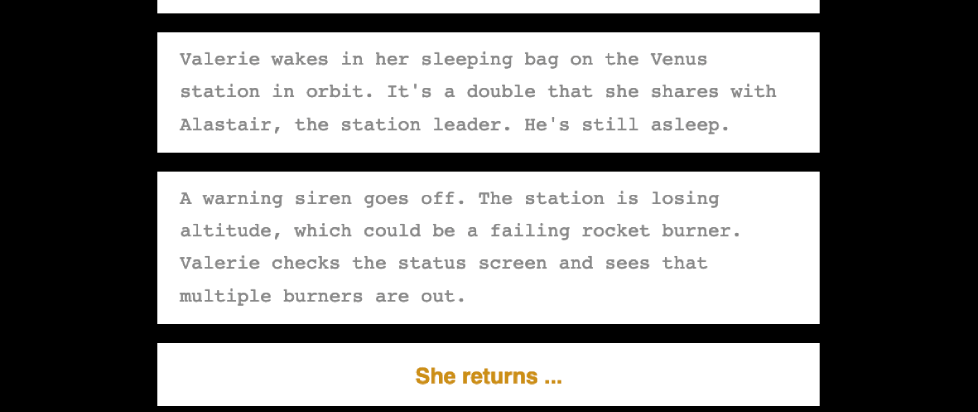 A screenshot from Caroline's game jam game, featuring two boxes of text and a link for the next one that reads "She returns..."