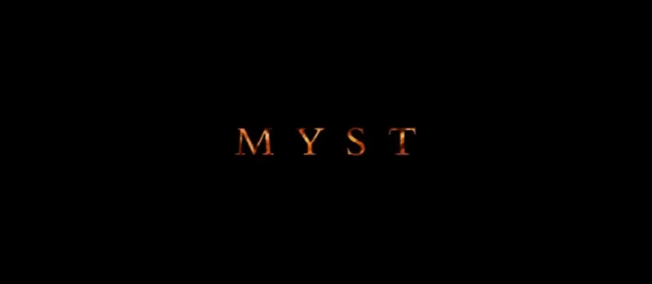 The title screen for the game Myst, featuring the game's name spelled out in a rusty swirling font