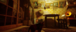 A screenshot from Stray, featuring a cat with a backpack staring at a wall loaded up with photo portraits of various robots, a straw hat, an old timey Victrola record player, and a mish mash of other cultural patterns on the walls and floor