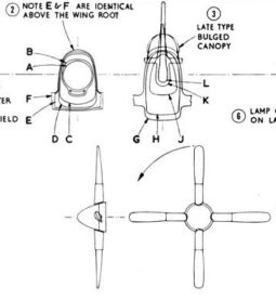Side- and front-view diagrams of the propeller of the P51 Mustang airplane.