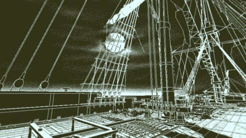 Screenshot from The Return of the Obra Dinn, showing an empty ship under the full moon