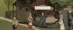 Screenshot from Pentiment, where a person in scholarly robes is standing by a destroyed building talking to a young villager, the scholar is saying "Good, good. Keep the faith."