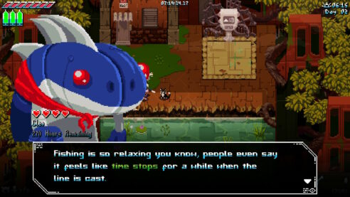 Screenshot from Unsighted, where Cleo the fish is telling you "Fishing is so relaxing you know, people even say it feels like time stops for a while when the line is cast." The phrase "time stops" is in a different color, indicating a kind of hint for the player