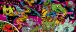 A colorful drawing of several dinosaurs in pulpy sci-fi space uniforms engaging in battle with a robot horde.
