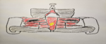 A crayon drawing of a red Formula 1 style car