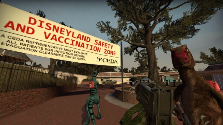 A videogame mod shows a handful of velociraptors gathering under a banner that reads: "Disneyland Safety and Vaccination Zone."