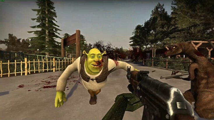 A videogame mod has the eponymous ogre from Shrek lunging at the gun-toting player, mouth bloody from earlier scuffles.