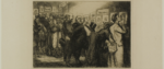 A cropped view of an illustration titled Connoisseurs of Prints by John Sloan, where an art gallery is full of onlookers dressed sharply with top hats and monocles with some very serious discussion of the artwork going on