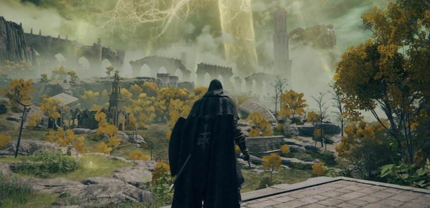 A screenshot from Elden Ring shows the player character, hooded and carrying sword and shield, surveying a verdant post-apocalyptic landscape.