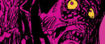 A pen-and-ink drawing of a terrifying creature with a skull-like visage. The creature and the background are colored a vibrant magenta while its bright yellow eyes seem to pop from its skull.