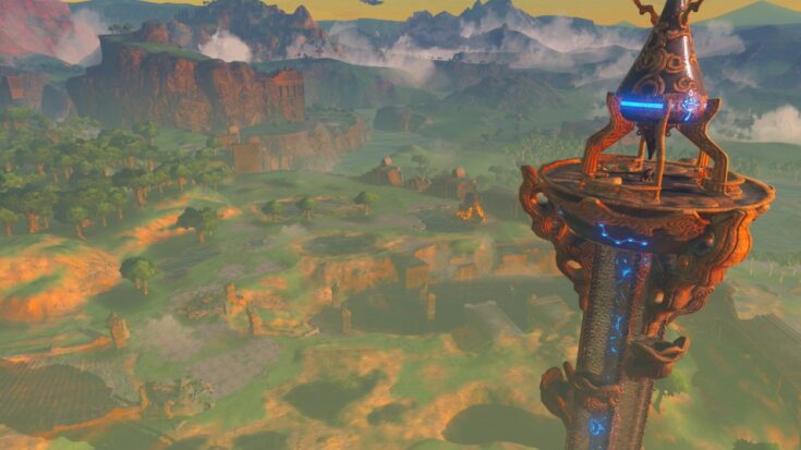 An impossibly high tower serves as an overlook for Hyrule in a screenshot from Breath of the Wild.