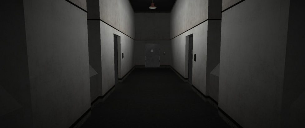 horror facility hald - lit corridor, scp containment