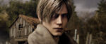 A close-up of Leon Kennedy in Resident Evil 4 Remake. He's got a chiseled jaw, a cleft chin, and a fantastic head of blonde hair that falls into his eyes just so.