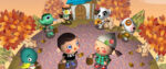 Artwork from an early iteration of the Animal Crossing franchise, featuring the male and female villagers with Blathers the owl and K.K. Slider the dog close at hand.
