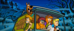 Close-up of the cover for Scooby-Doo The Board Game with the whole gang sitting in the front of the Mystery Machine van. From left to right we have beatnik poet, anxious dog, rational map-reader, equally smart friend, and ascot driver