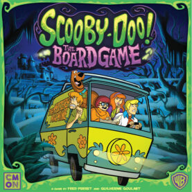 The full cover for Scooby-Doo the Board Game. Everyone is still in the Mystery Machine van which doesn't seem road legal, spilling out as it careens through a spooky wood