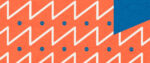Detail of the Penguin Classics cover of Evelyn Waugh's A Handful of Dust, showing a bright graphic of orange, cream and blue zig-zagging lines and dots.