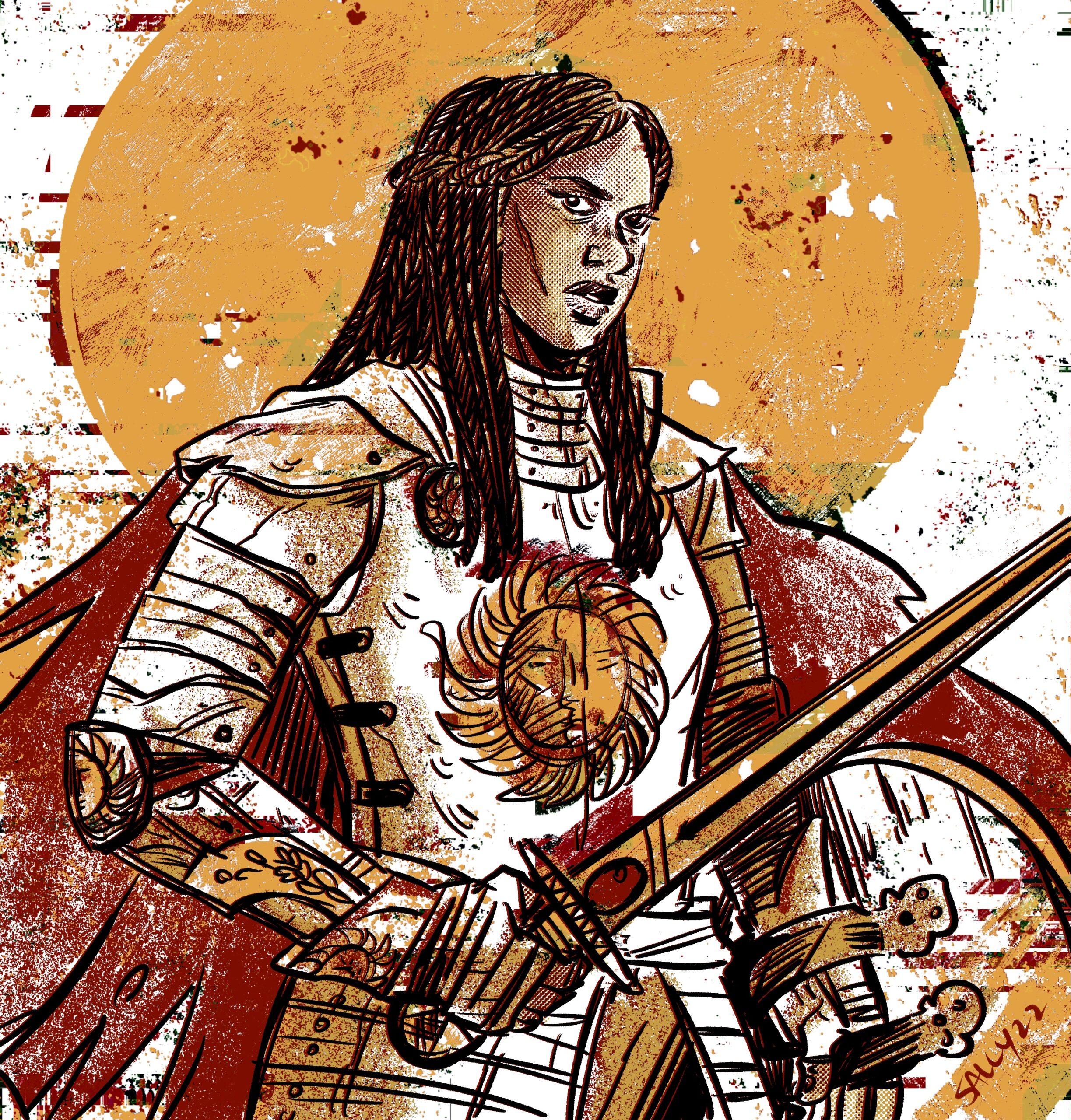 A red-caped knight stands holding a sword in front of a low-hanging sun, imagery echoed in the sun emblazoned on the chest of her armor.