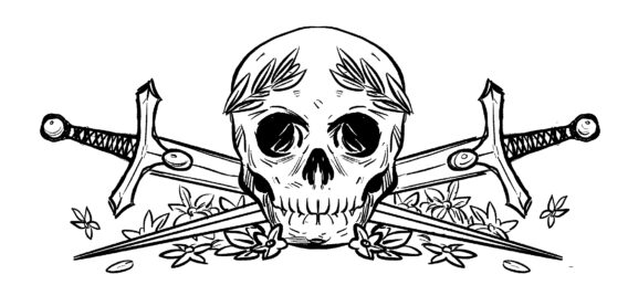 A text embellishment of a laureled skull with two swords crossed behind it.