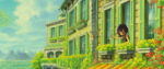 Artwork from Etrian Odyssey IV: Legends of the Titan shows a character waving down to the street from a second-floor window in a brick building.