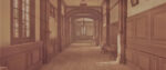 A long corridor in a school building rendered in sepia tones.