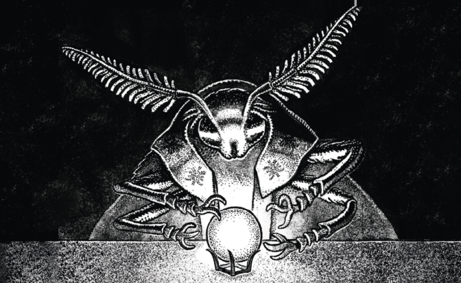 An insect with long fuzzy antennae ponders an illuminated crystal orb in a darkened room.