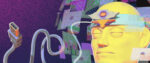 A screenshot from Hypnospace Outlaw with a giant yellow being operating what looks like a remote control by wielding it with a metal tentacle connected to his temple.