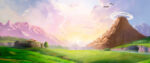 Concept art for Hyrule Field in The Legend of Zelda. Across its wide expanse, one can see a distant mountain wreathed in smoke and the hazy outlines of a many-spired castle.