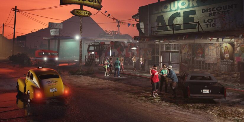 A screenshot from Grand Theft Auto 5 shows several NPCs gathering in the parking lot of a liquor store at sunset. The sky burns a blazing pink behind the workaday buildings.