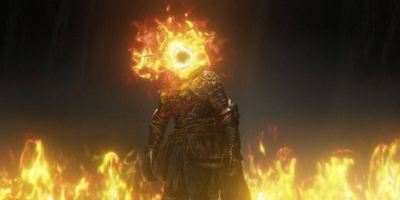A screenshot from Elden Ring shows a knight in black armor surrounded by a ring of flames, his head replaced by another ring of flames resembling a great fiery eye.