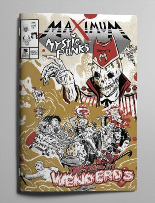A skeleton wearing the coolest fast-food joint uniform overlooks a crowd of rioting punks kicking up a cloud of dust. Cover art for Maximum Mystic Punks Vol 1: Trial at Wenderd’s by Sally Cantirino.