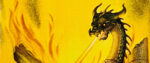 A dark dragon with spines all down its next breathes fire in front of a bright yellow sky.