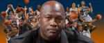 title card for The People You're Paying to be In Shorts, with Michael Jordan holding back some tears front and center and many images of basketball players in various stages of jump and throw behind him