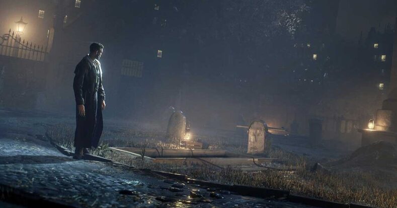 Johnathan gazes out across a cemetery, tombstones standing starkly in the gaslit night.