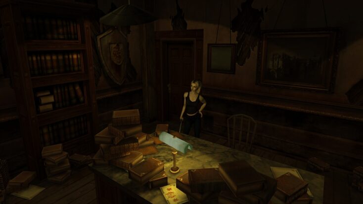 A screenshot from Eternal Darkness: Sanity's Requiem shows the protagonist poring over her late uncle's documents by the dim light of a banker's lamp.