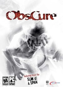 The box art for ObsCure with several overlapped photos of a person looking up with hands on their face and at the bottom it proudly declares that the game features music by Sum 41 and Span