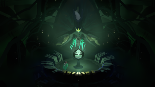 A screenshot from Cocoon where the winged character stands before a glowing portal and tendril-handed being hovering above them in a small room that appears to be ringed with roots