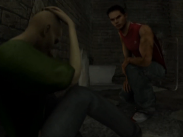 A screenshot from ObsCure where a kid with tickets to the gun show is comforting another kid grasping their head in despair