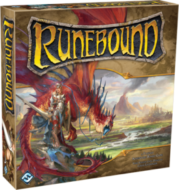The complete cover box for Runebound, with a dragon knight with a giant lance standing in front of a screeching red dragon